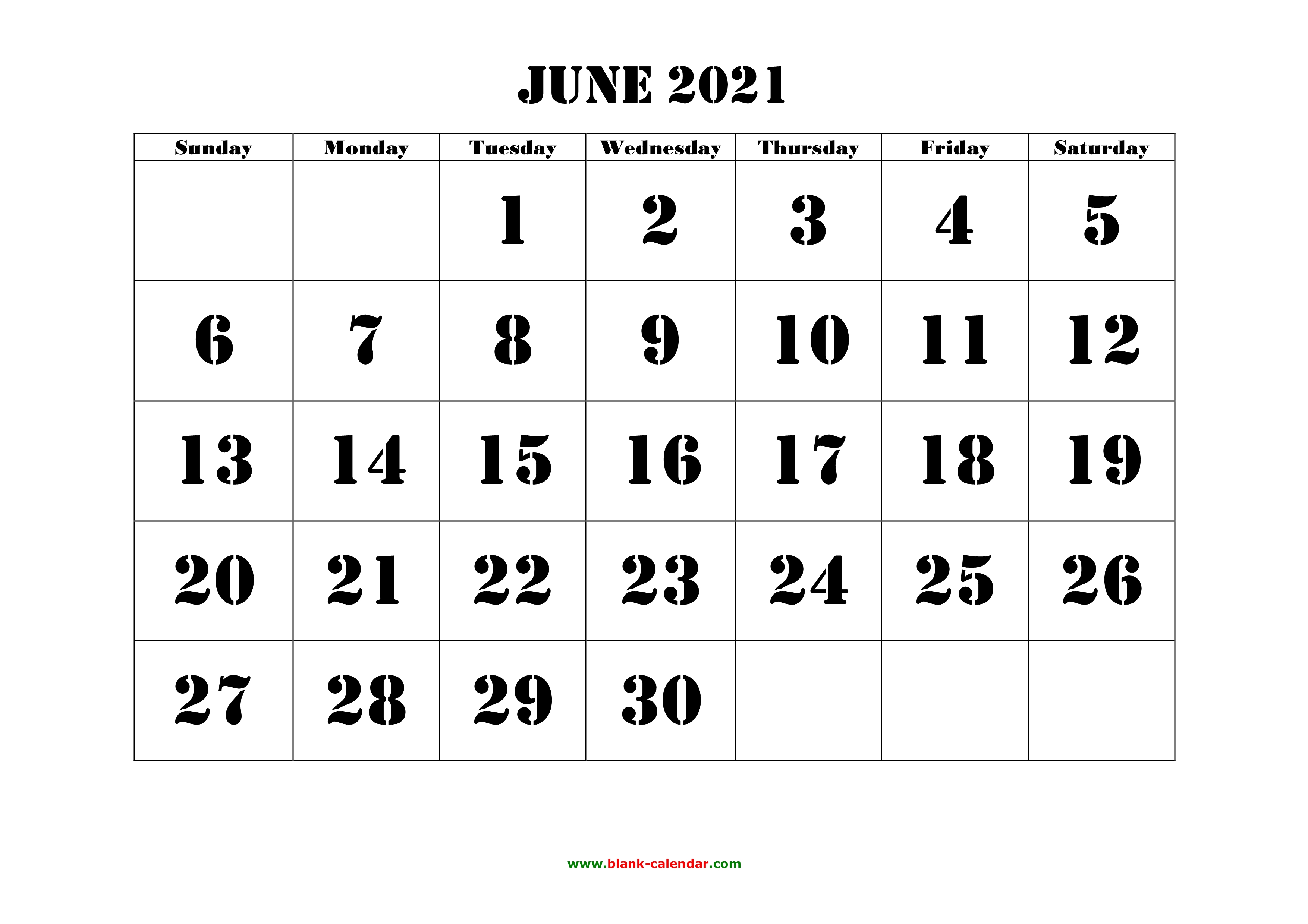 Free Download Printable June 2021 Calendar, large font ...