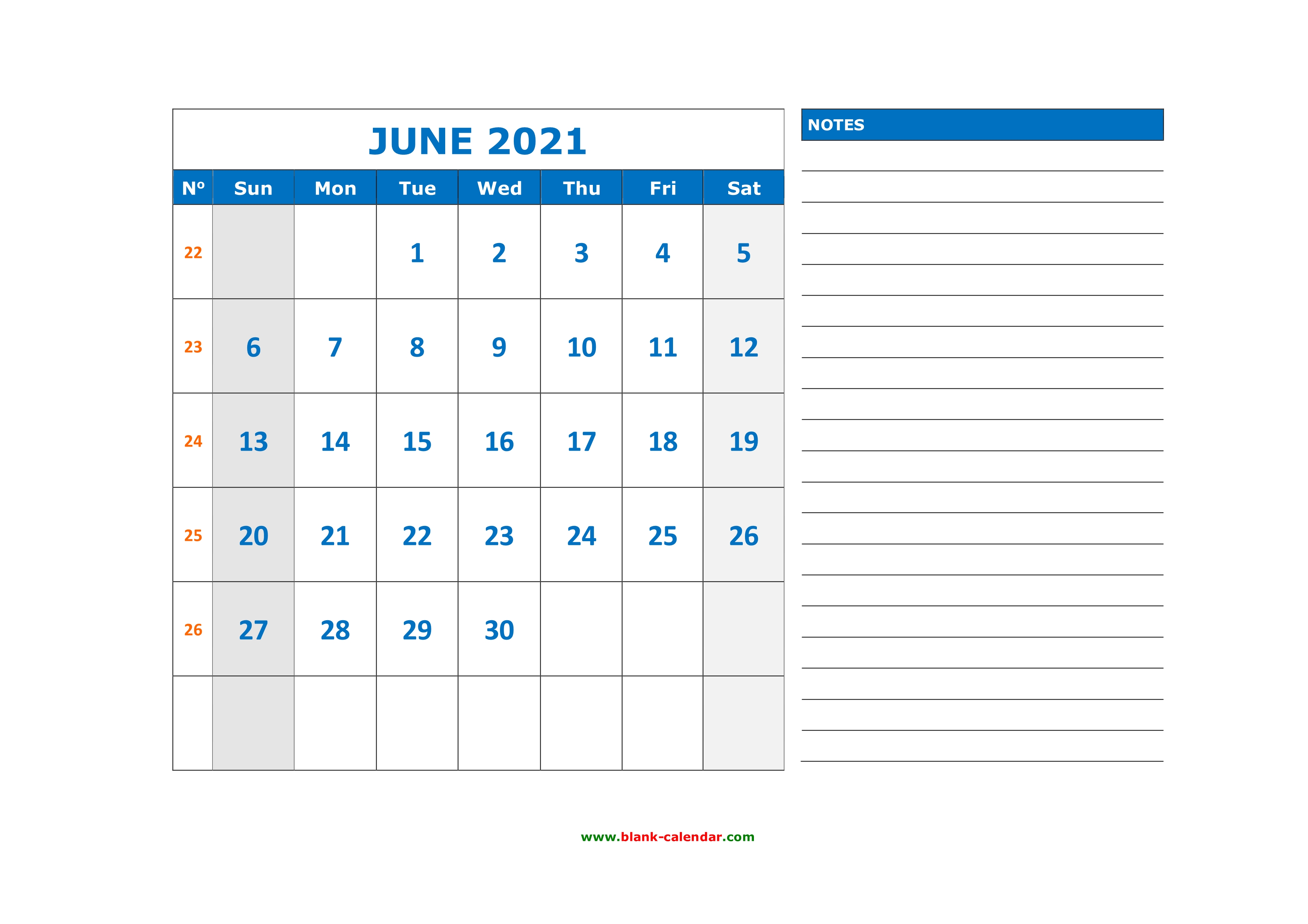 Free Download Printable June 2021 Calendar, large space ...