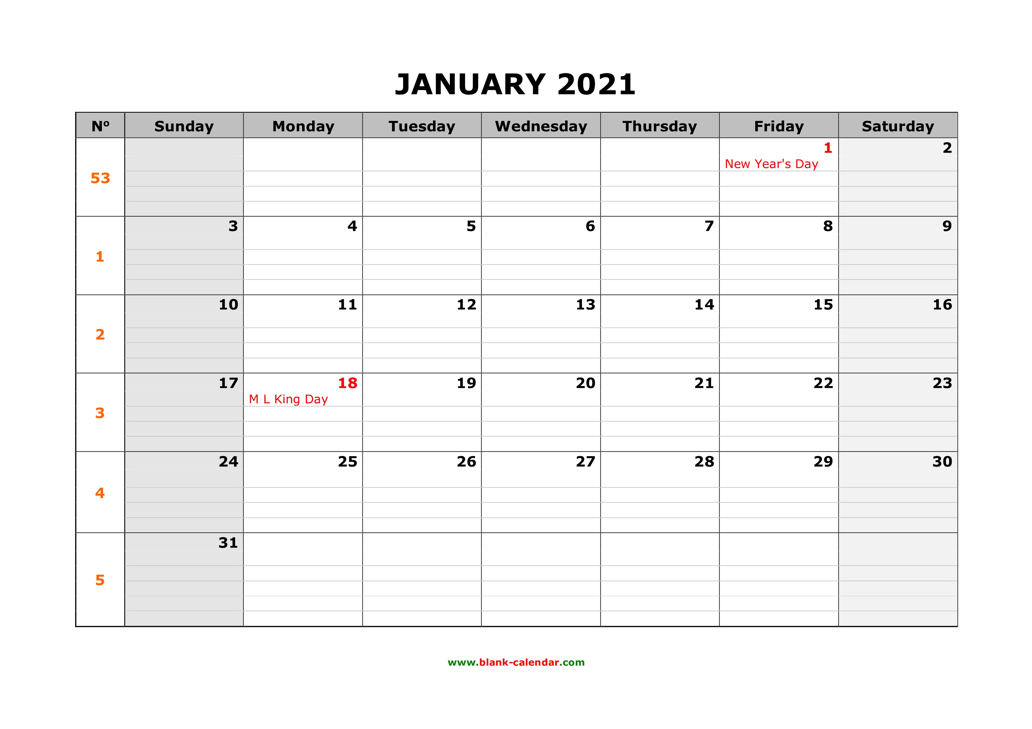 Free Download Printable Calendar 2021, large box grid