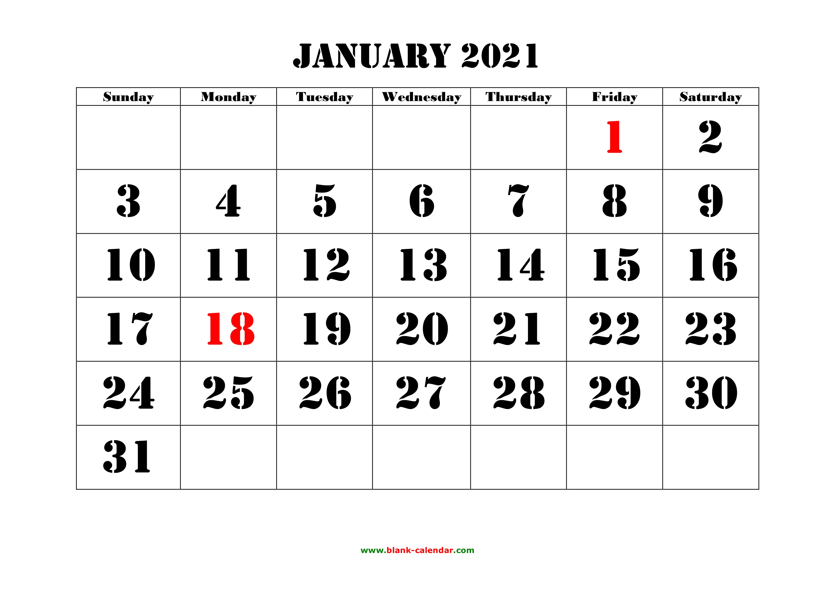 Free Download Printable Calendar 2021, large font design ...