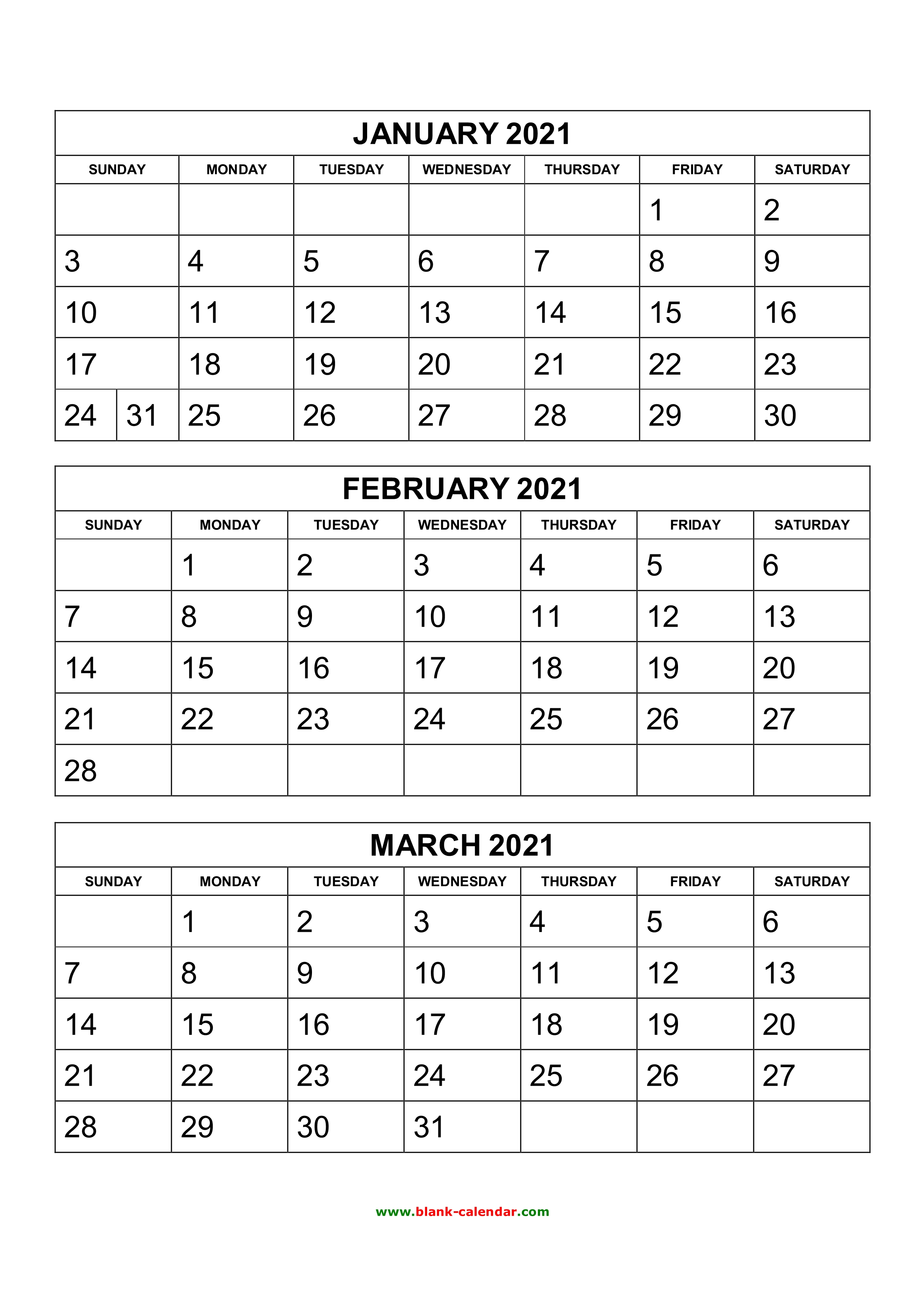 Free Download Printable Calendar 2021, 3 months per page, 4 pages