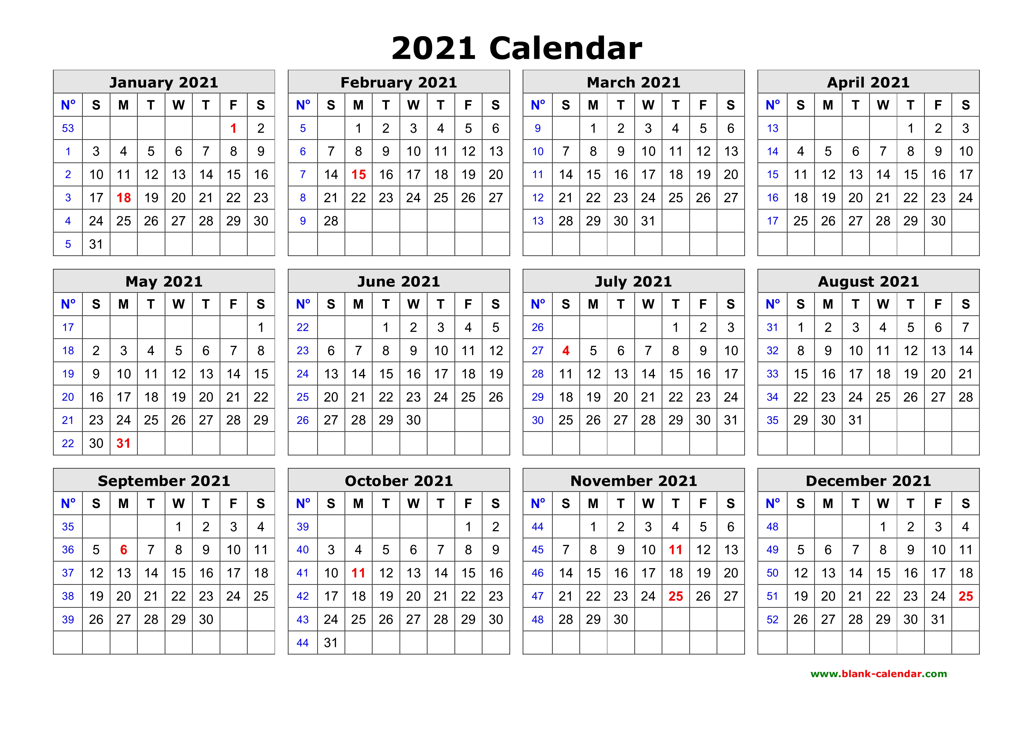 Free Download Printable Calendar 2021 In One Page Clean Design 