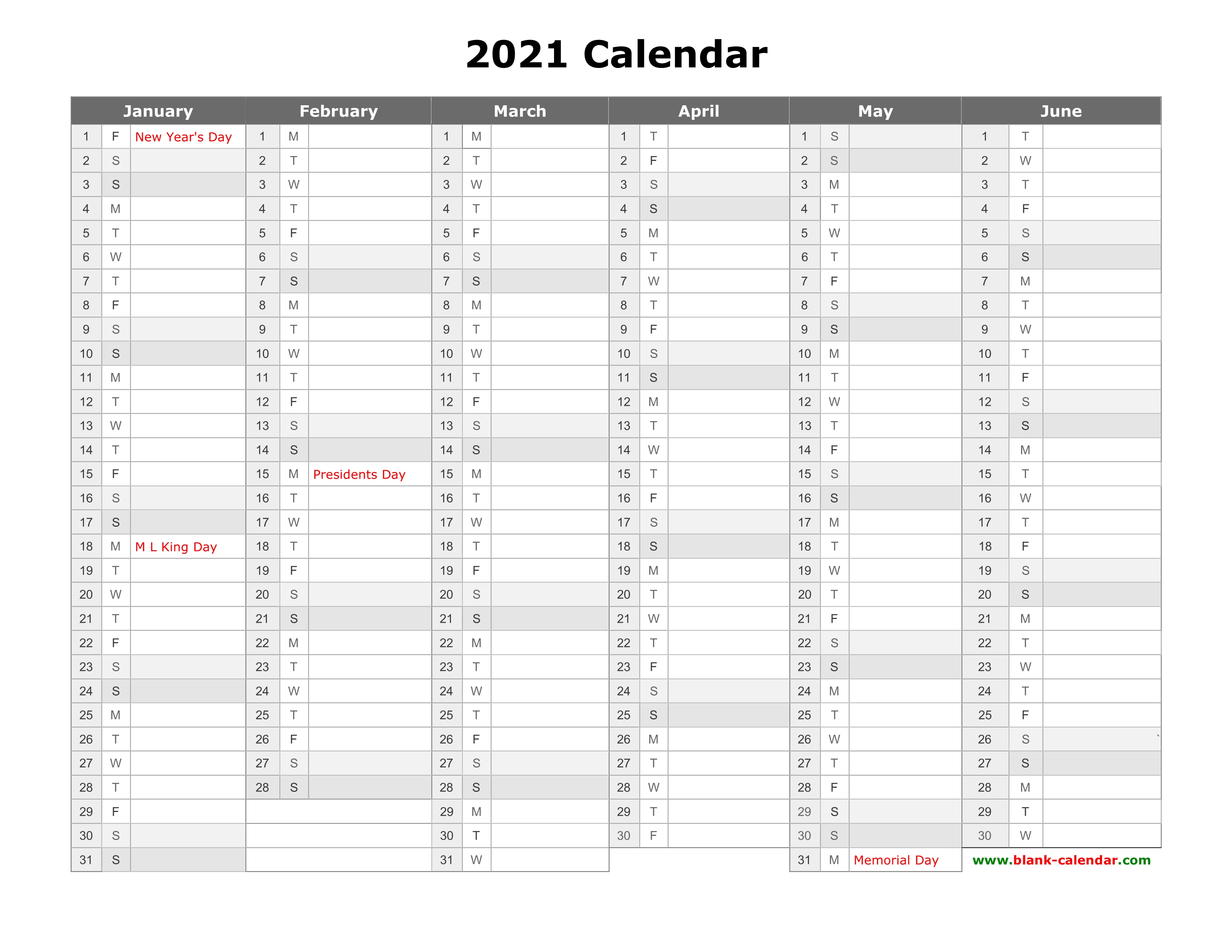 Free Download Printable Calendar 2021 Month In A Column Half A Year Per Page