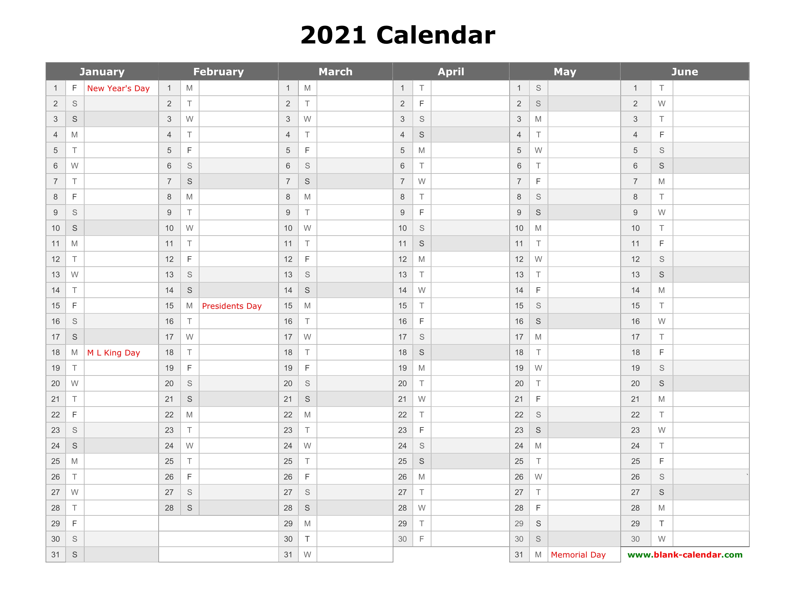 Free Download Printable Calendar 2021, month in a column, half a year per page