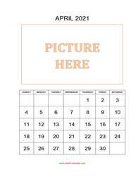 printable april 2021 calendar, pictures can be placed at the top