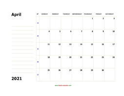 printable april 2021 calendar, large box, space for notes