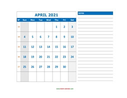 Printable April 2021 Calendar, large space for appointment and notes (horizontal)