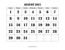 printable august calendar 2021 large font