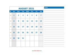 Printable August 2021 Calendar, large space for appointment and notes (horizontal)