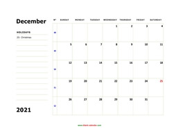 printable december 2021 calendar, large box, space for notes
