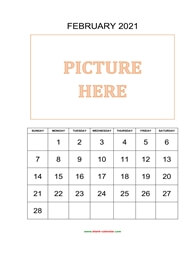 printable february 2021 calendar, pictures can be placed at the top
