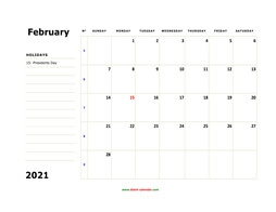 printable february 2021 calendar, large box, space for notes