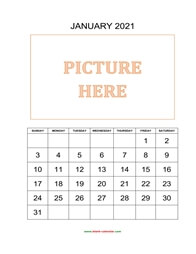 printable january 2021 calendar, pictures can be placed at the top