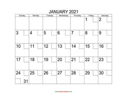 Printable January 2021 Calendar with check boxes (horizontal)