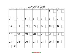 Free Download Printable January 2021 Calendar with check boxes