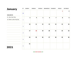 printable january 2021 calendar, large box, space for notes