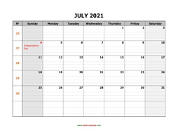 printable july 2021 calendar large box grid, space for notes