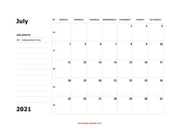 printable july 2021 calendar, large box, space for notes