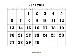 Printable June 2021 Calendar, large font design , holidays on red (horizontal)