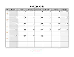 Printable March 2021 Calendar, large box grid, space for notes (horizontal)