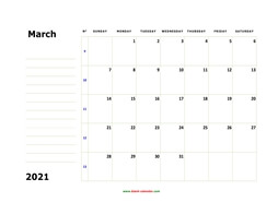 printable march calendar 2021 large box space notes