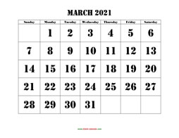 Printable March 2021 Calendar, large font design , holidays on red (horizontal)