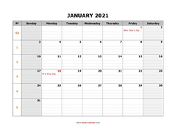 Printable Calendar 2021, large box grid, space for notes (one month per page, horizontal)