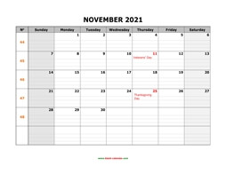 printable november 2021 calendar large box grid, space for notes