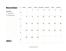printable november 2021 calendar, large box, space for notes