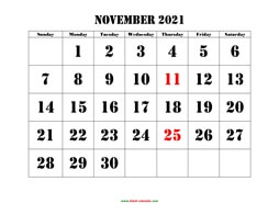 Printable November 2021 Calendar, large font design , holidays on red (horizontal)
