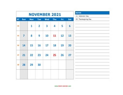 Printable November 2021 Calendar, large space for appointment and notes (horizontal)