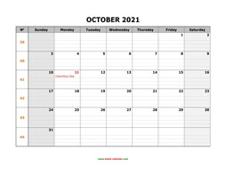 Printable October 2021 Calendar, large box grid, space for notes (horizontal)