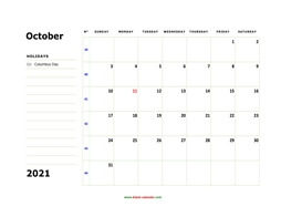 printable october calendar 2021 large box space notes