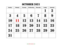 Printable October 2021 Calendar, large font design , holidays on red (horizontal)