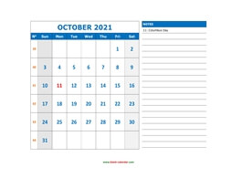 Printable October 2021 Calendar, large space for appointment and notes (horizontal)