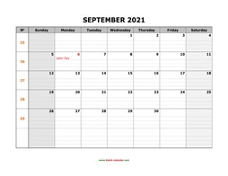 Printable September 2021 Calendar, large box grid, space for notes (horizontal)