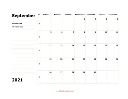 Printable September 2021 Calendar, large box, Federal Holidays listed, space for notes (horizontal)