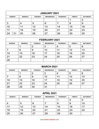 Printable Calendar 2021, 4 months per page, 3 pages (vertical)