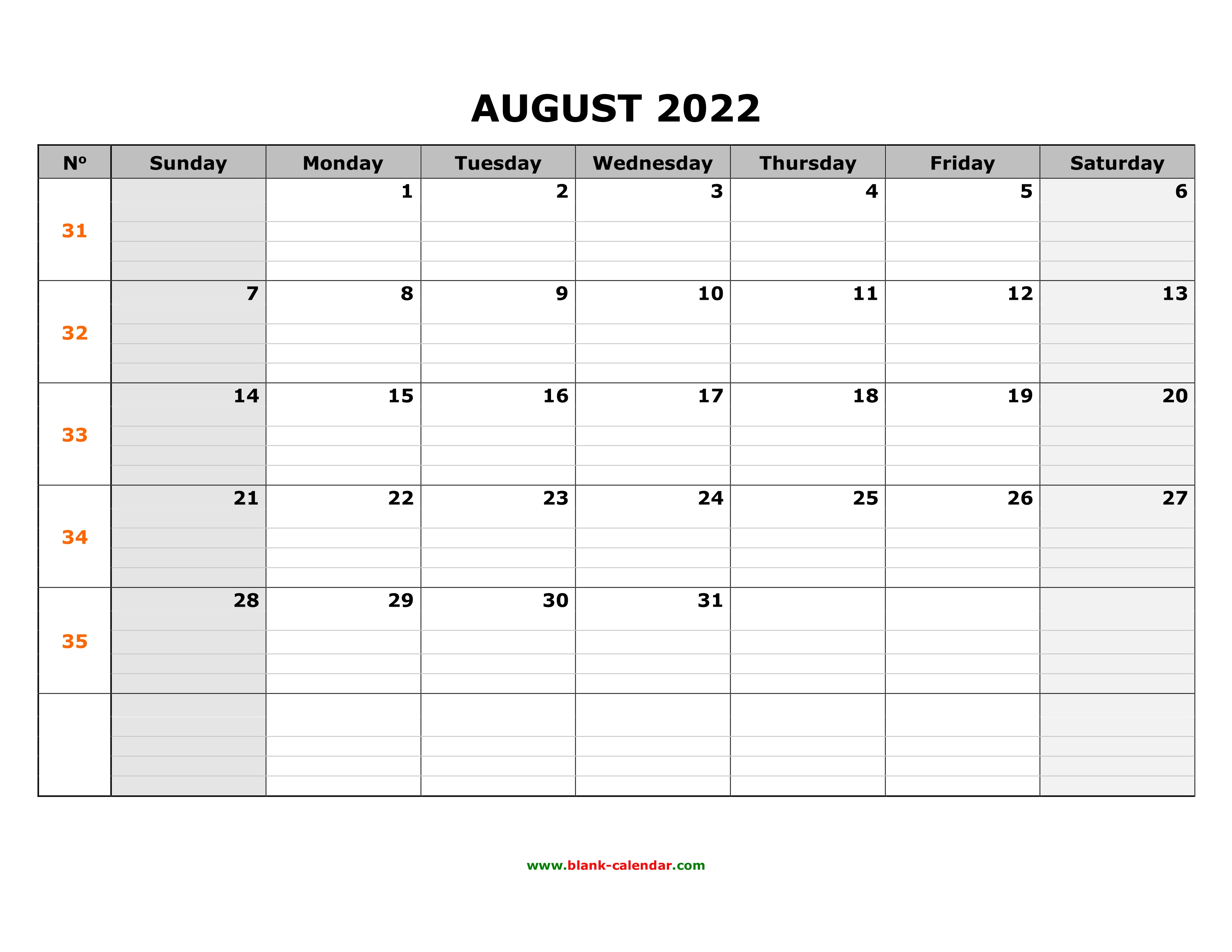Free Download Printable August 2022 Calendar, large box grid, space for