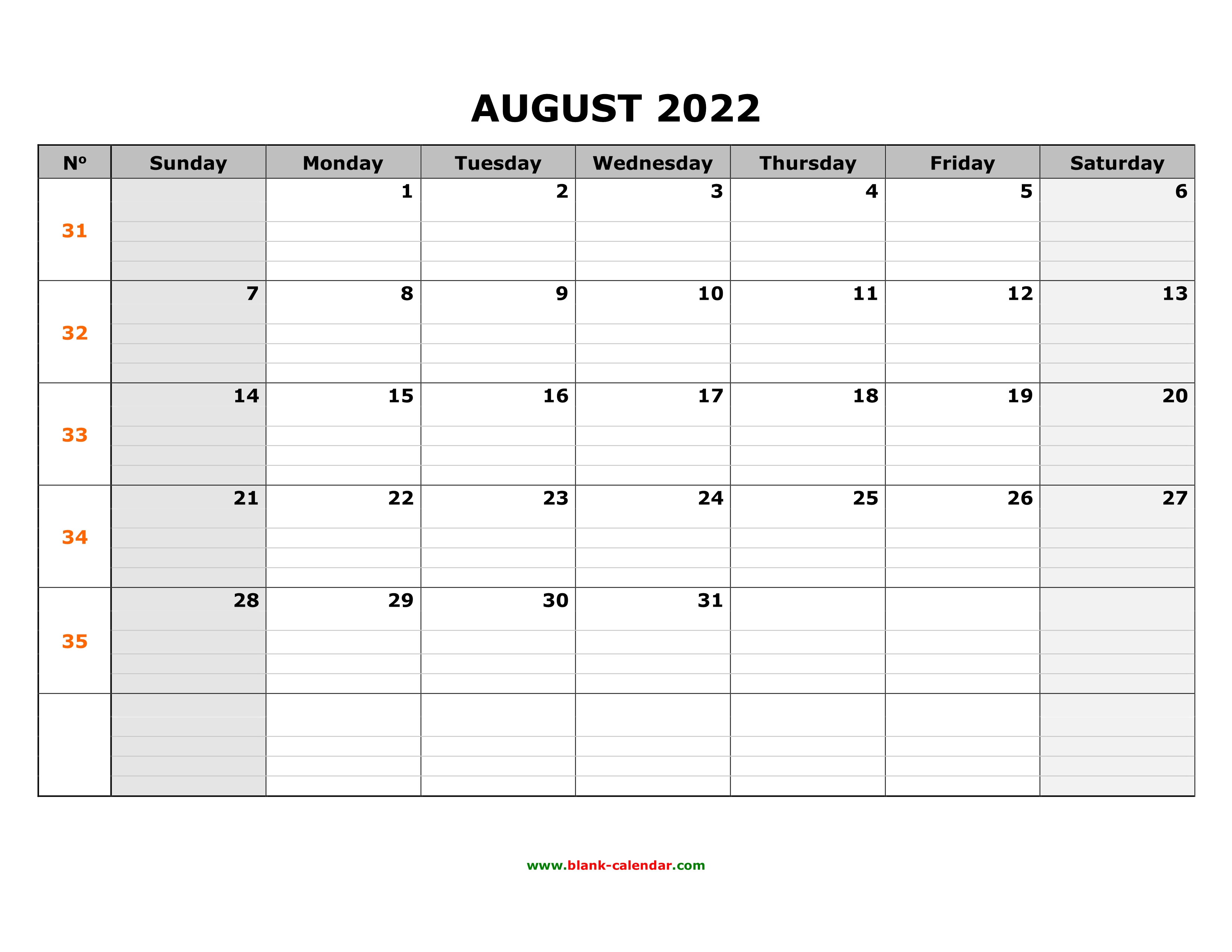 Free Download Printable August 2022 Calendar Large Box Grid Space For