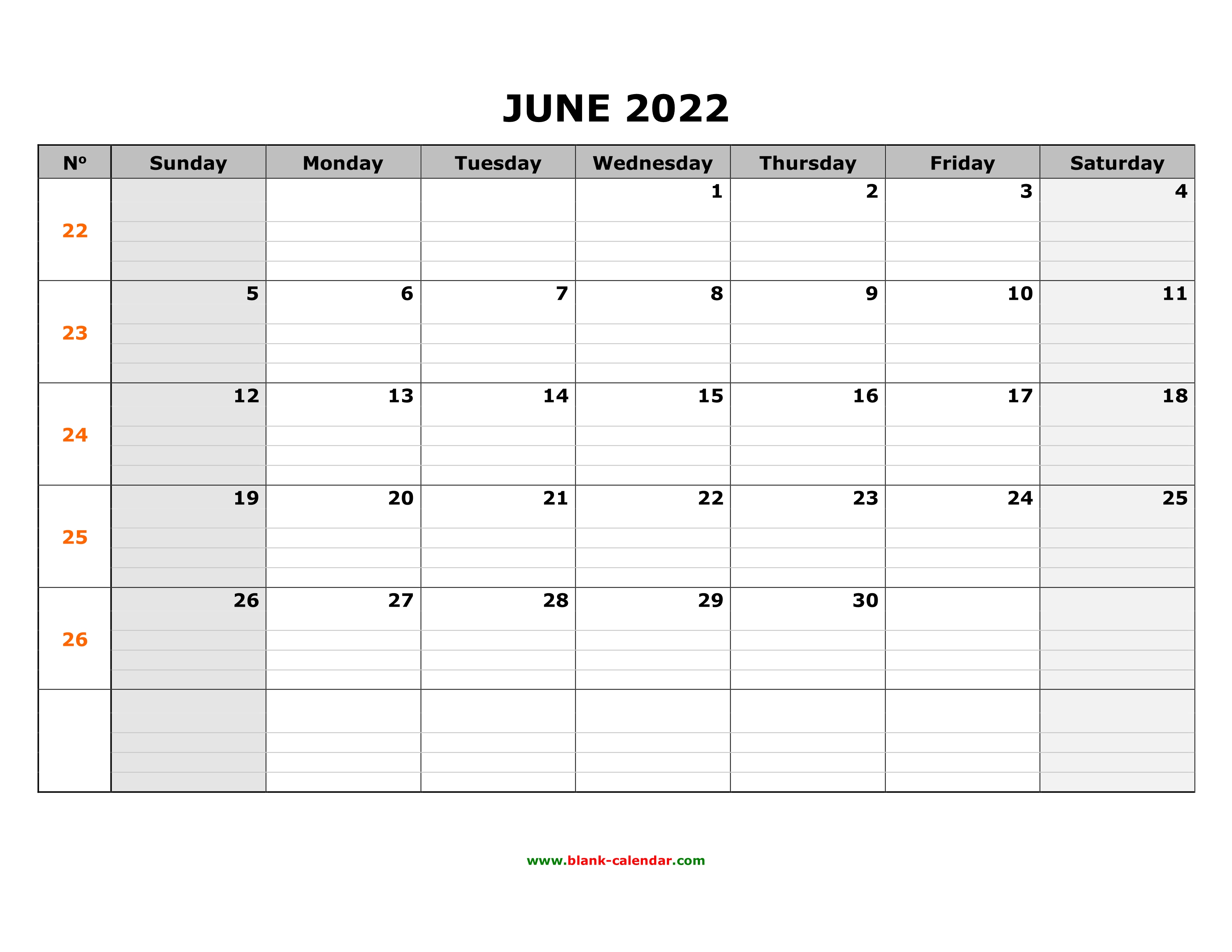 Free Download Printable June 2022 Calendar, large box grid, space for notes