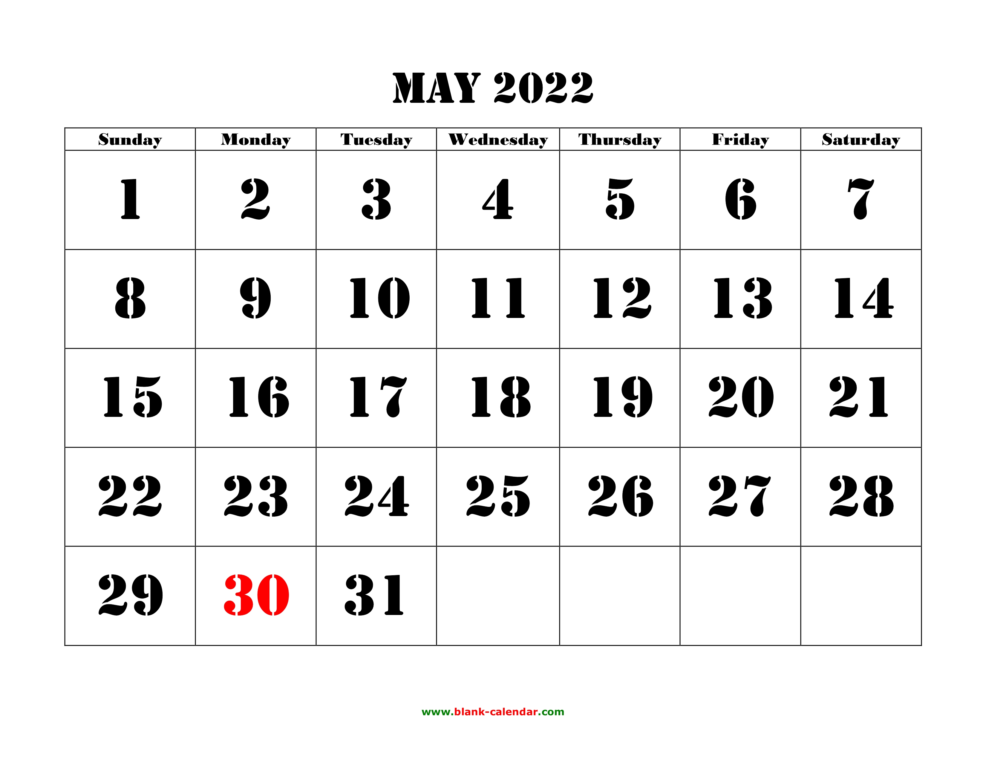 free download printable may 2022 calendar large font design holidays