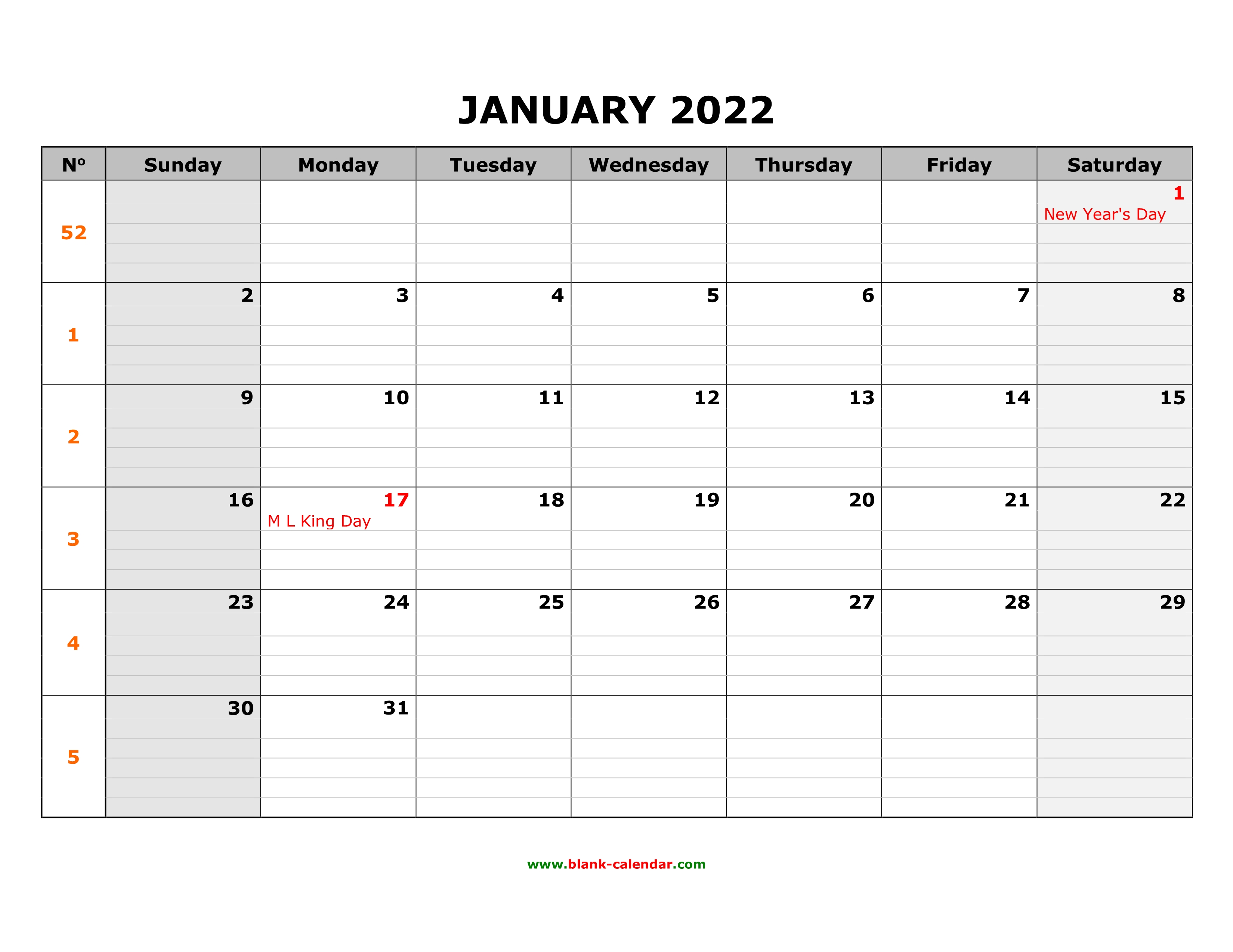 Large Print 2022 Printable Calendar Free Download Printable Calendar 2022, Large Box Grid, Space For Notes