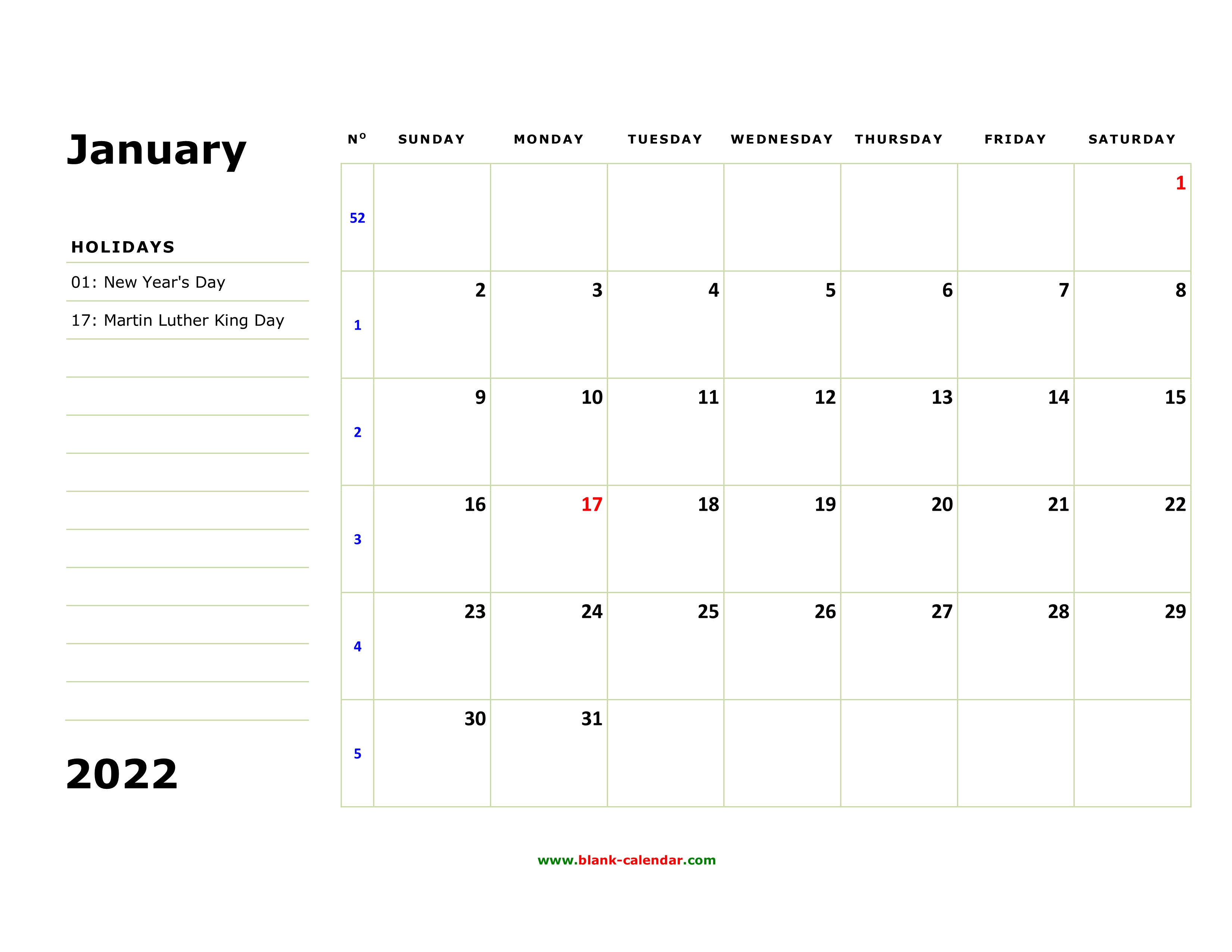 Large Box Printable Calendar 2022 Free Download Printable Calendar 2022, Large Box, Holidays Listed, Space  For Notes