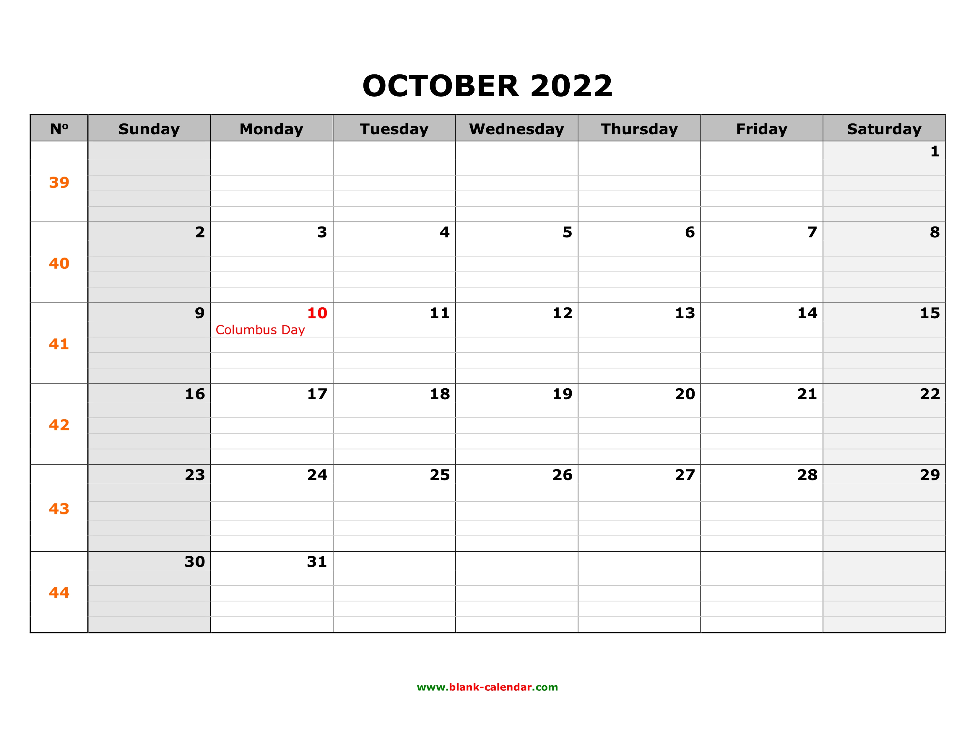 Free Download Printable October 2022 Calendar Large Box Grid Space