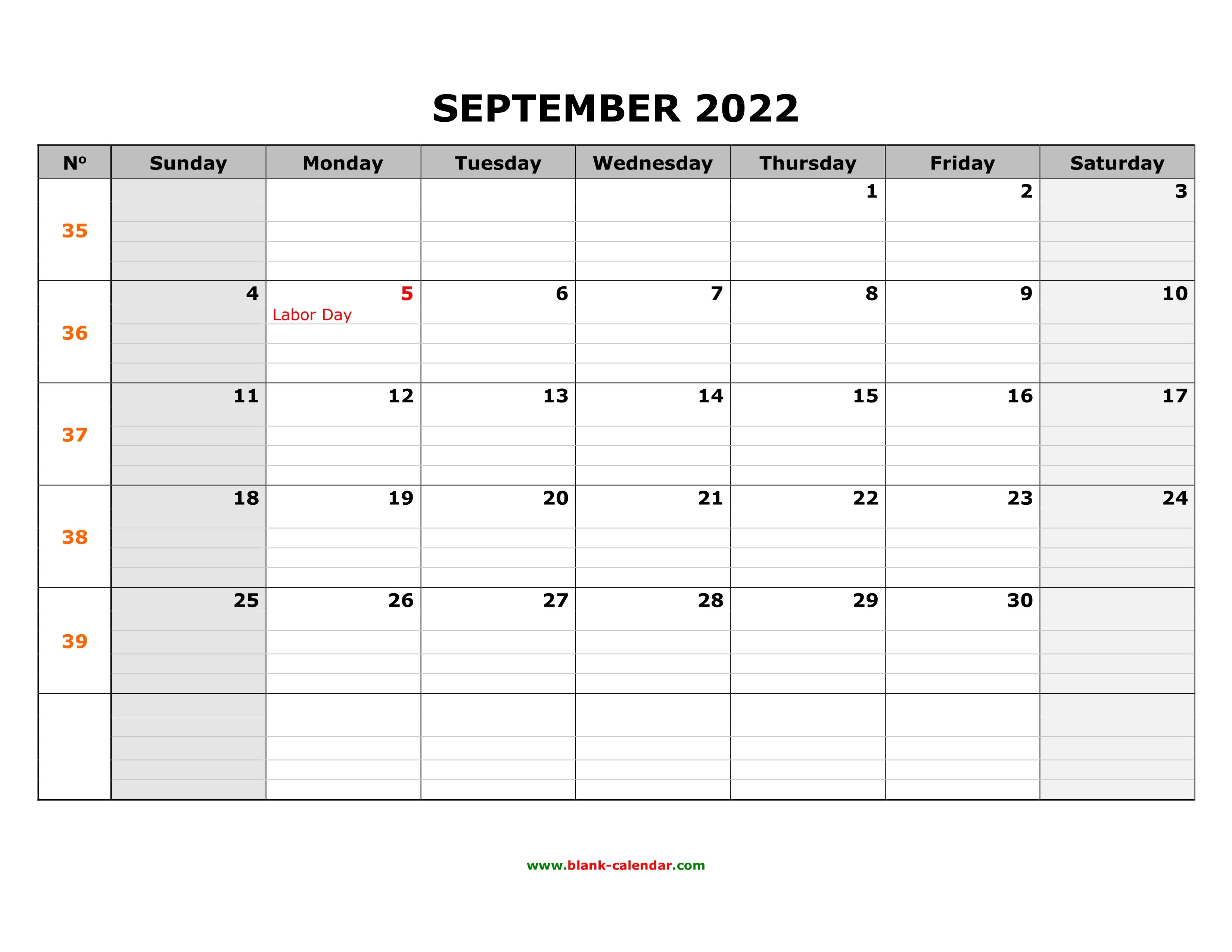 Free Download Printable September 2022 Calendar Large Box Grid Space