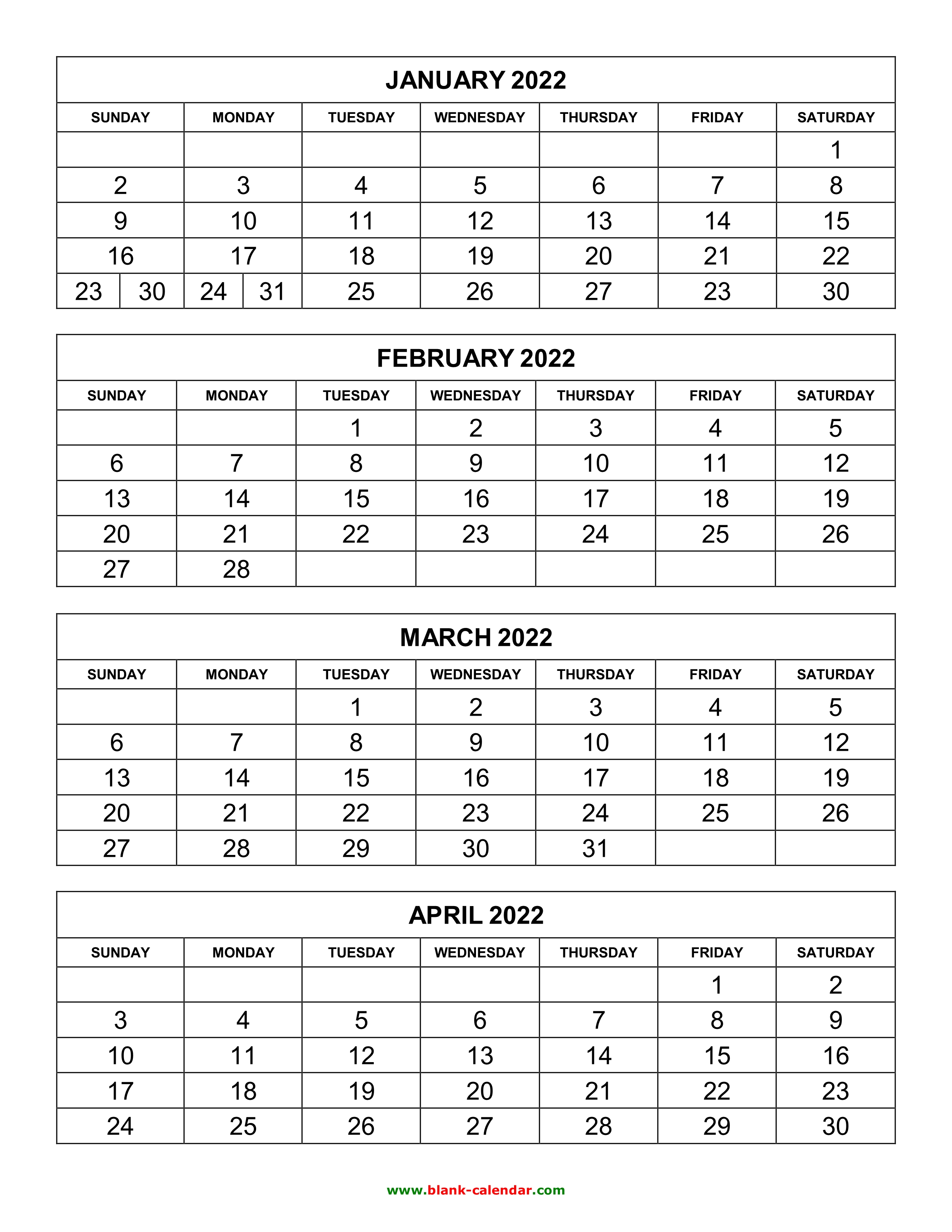 Four Month Calendar 2022 Free Download Printable Calendar 2022, 4 Months Per Page, 3 Pages (Vertical)
