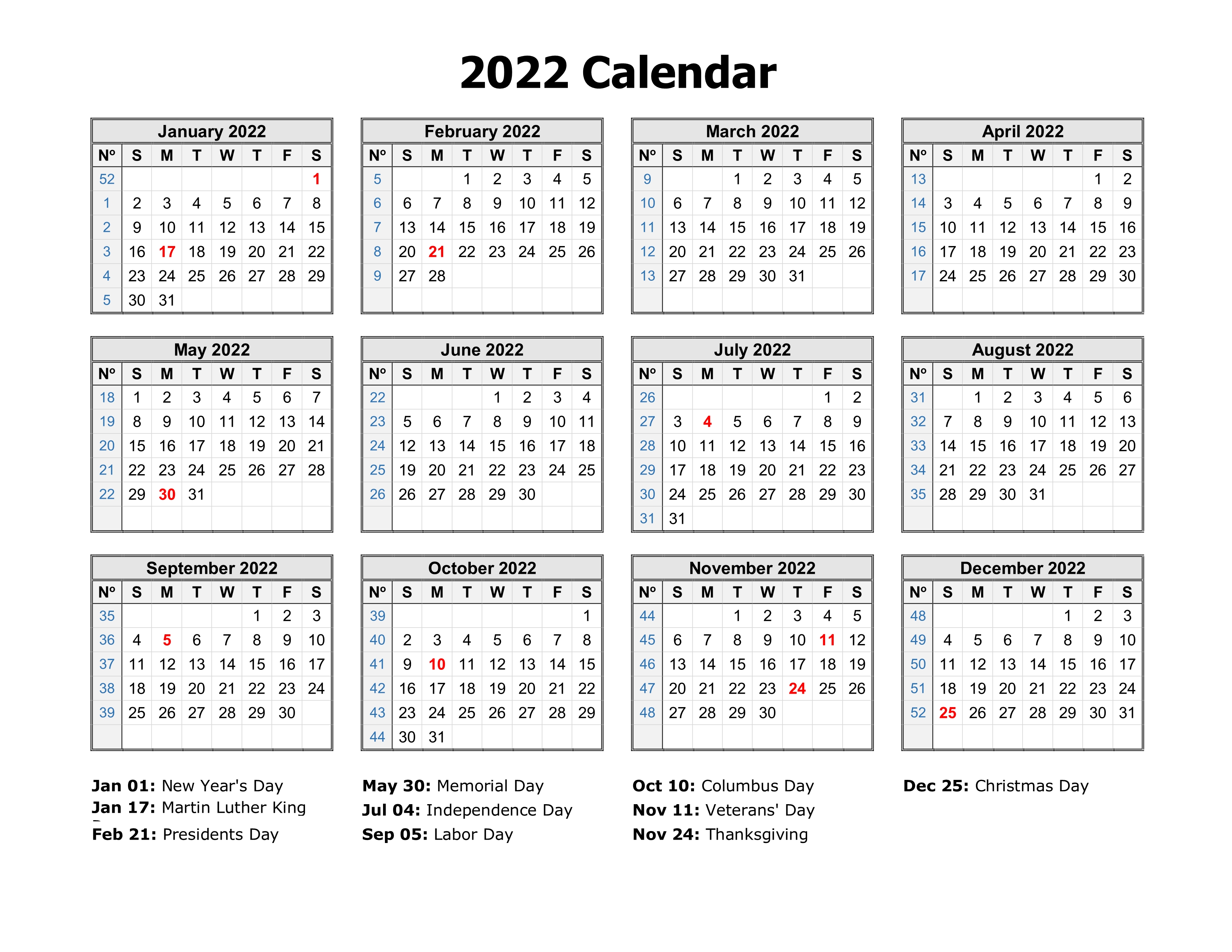 Free Download Printable Calendar 2022 in one page, clean