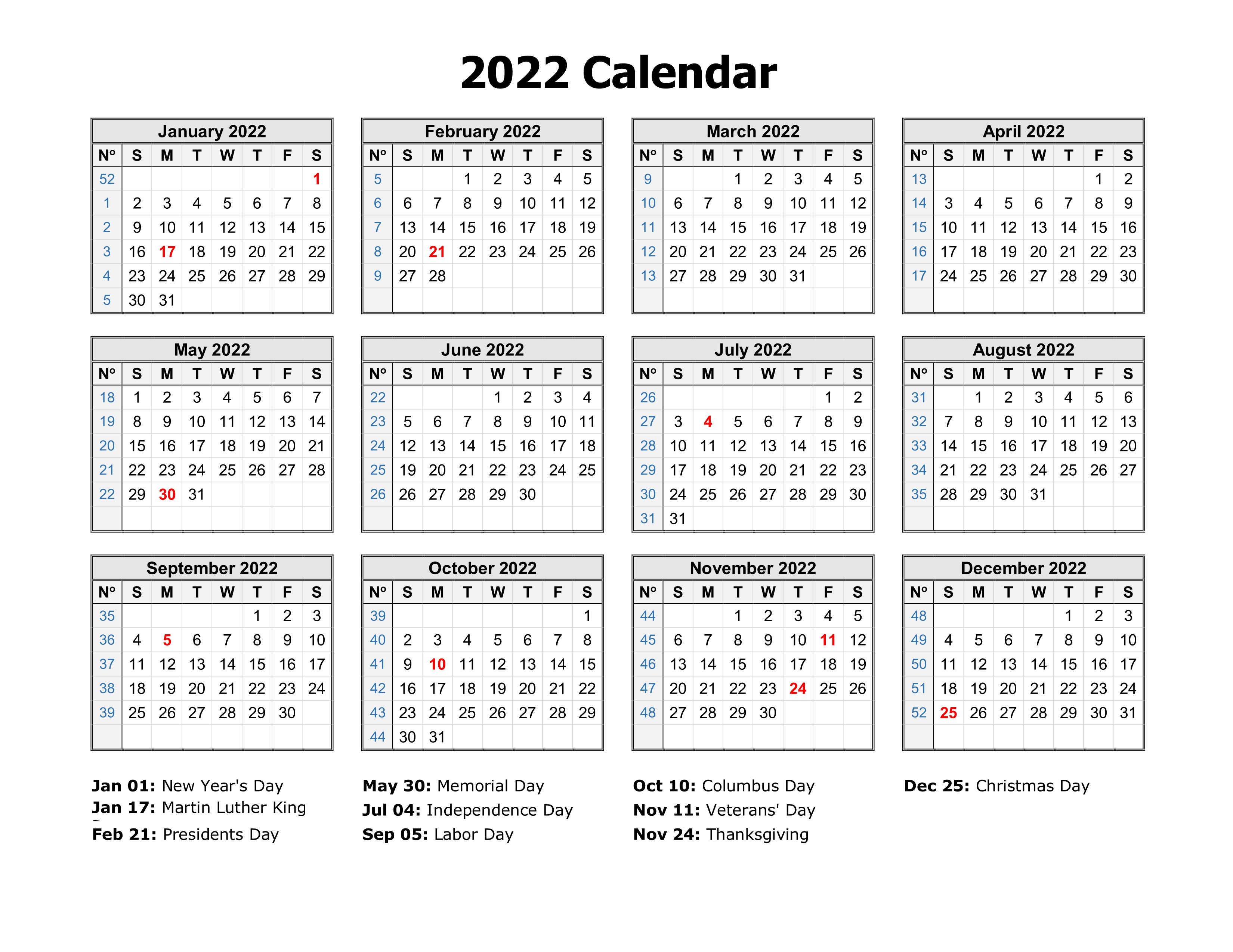 Free Download Printable Calendar 2022 In One Page Clean Design