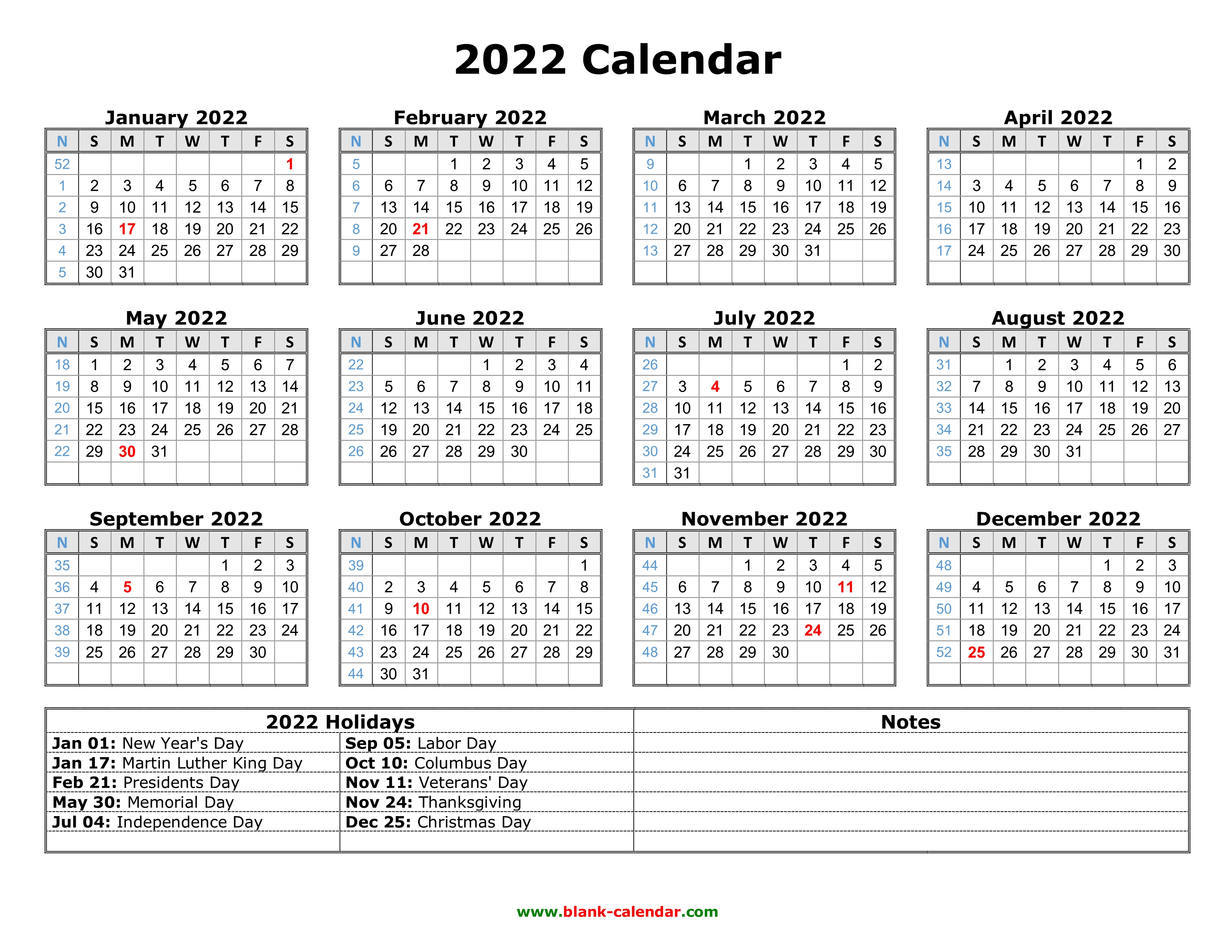 Free Download Printable Calendar 2022 with US Federal Holidays, one page, horizontal.